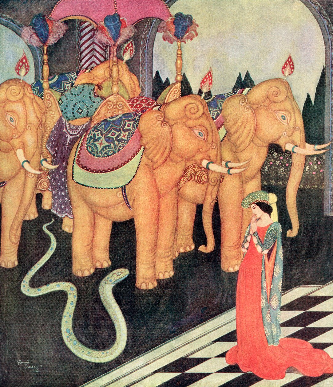 "Quando Grannmia viu o seu estranho amante, só ela permaneceu calma e corajosa", ilustração do conto de fadas italiano O Príncipe Serpente, do Fairy-Book de Edmund Dulac: Fairy Tales of the Allied Nations, publicado em 1916 de Edmund Dulac