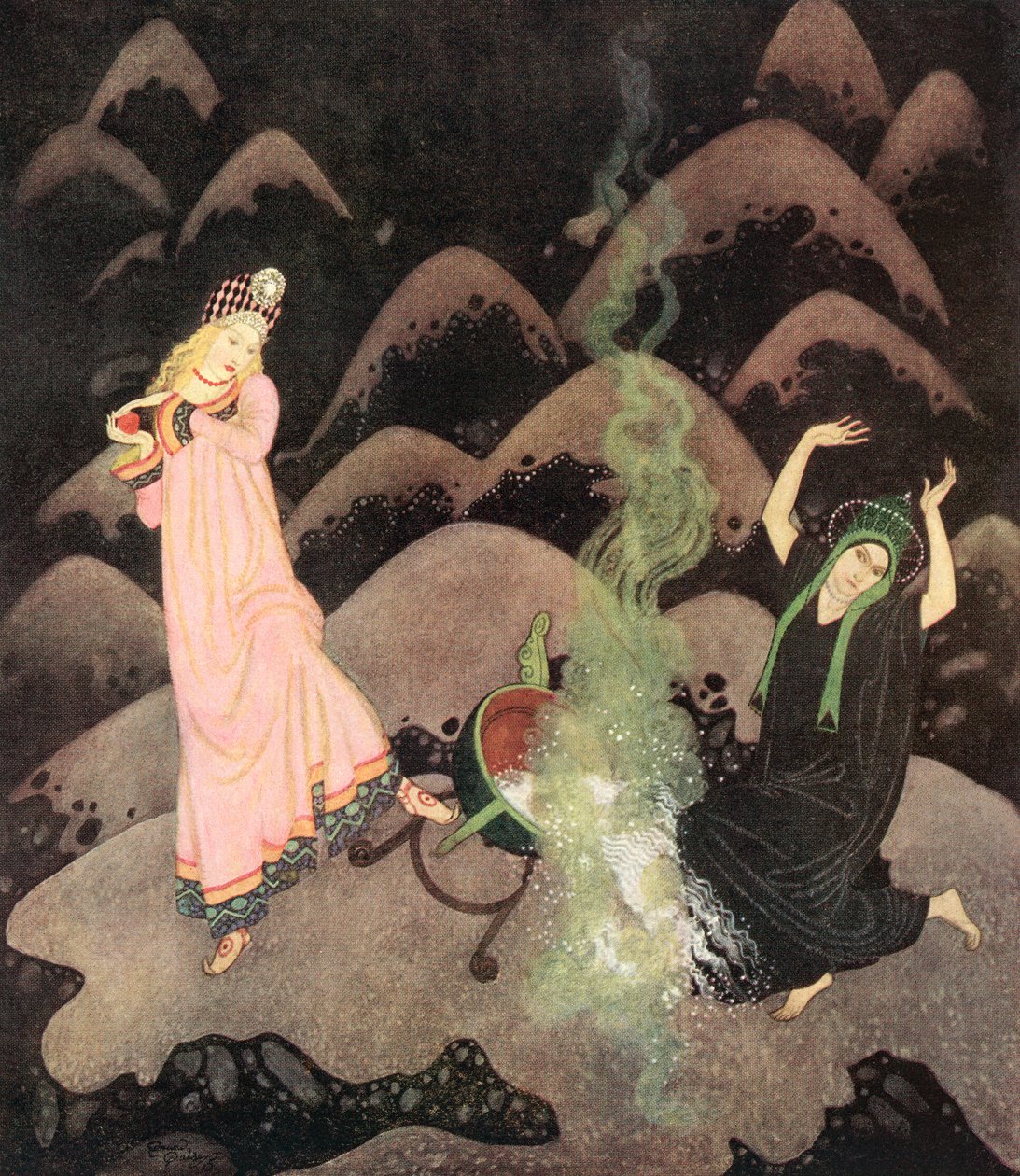 "Com um grito, a princesa precipitou-se para a frente e, antes que a sua irmã malvada a pudesse impedir, virou o caldeirão com um estrondo", ilustração do conto de fadas russo O Pássaro de Fogo, do Fairy-Book de Edmund Dulac: Fairy Tales of the Allied Nati de Edmund Dulac