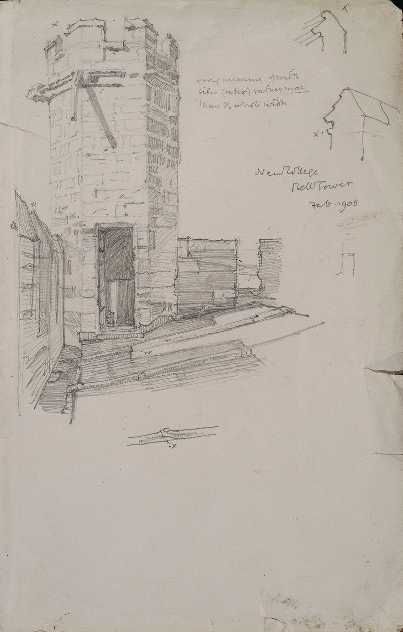 Esboço da torre do sino no New College, mostrando detalhes do telhado com chumbo, 1908 lápis em papel de Edmund Hort New