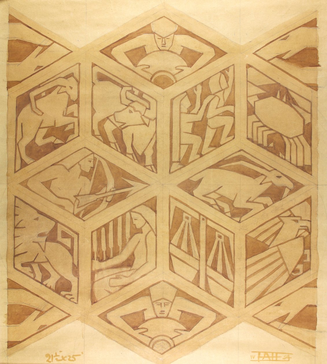 Sinais do Zodíaco - Art Deco, Abril de 1934 (guache sobre papel) de Edmund Hunter