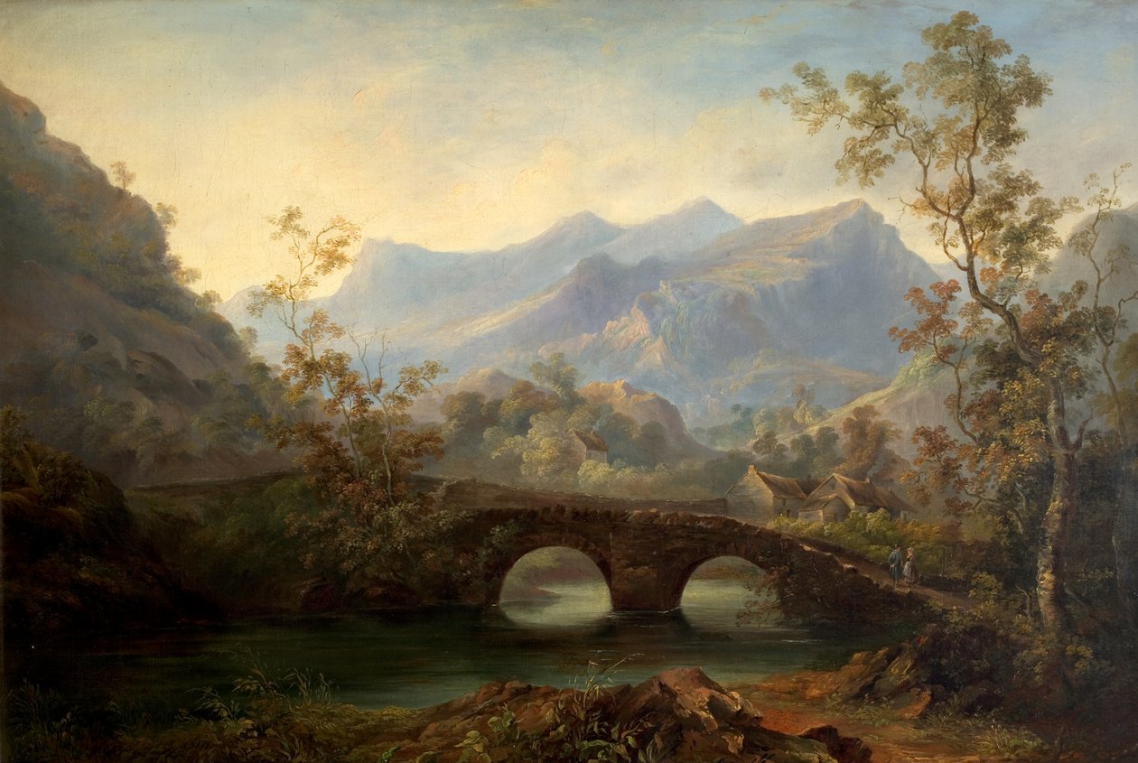 Paisagem montanhosa com rio, ponte e casas de campo, do século XIX de Edmund John Niemann