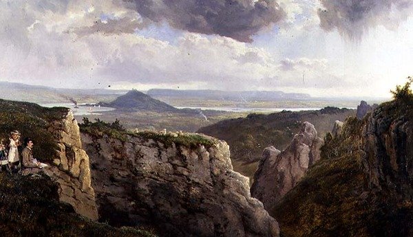 The Elbor Rocks olhando para Glastonbury, com o artista E.J. Niemann, pintado por A.F. de Prades de Edmund John Niemann