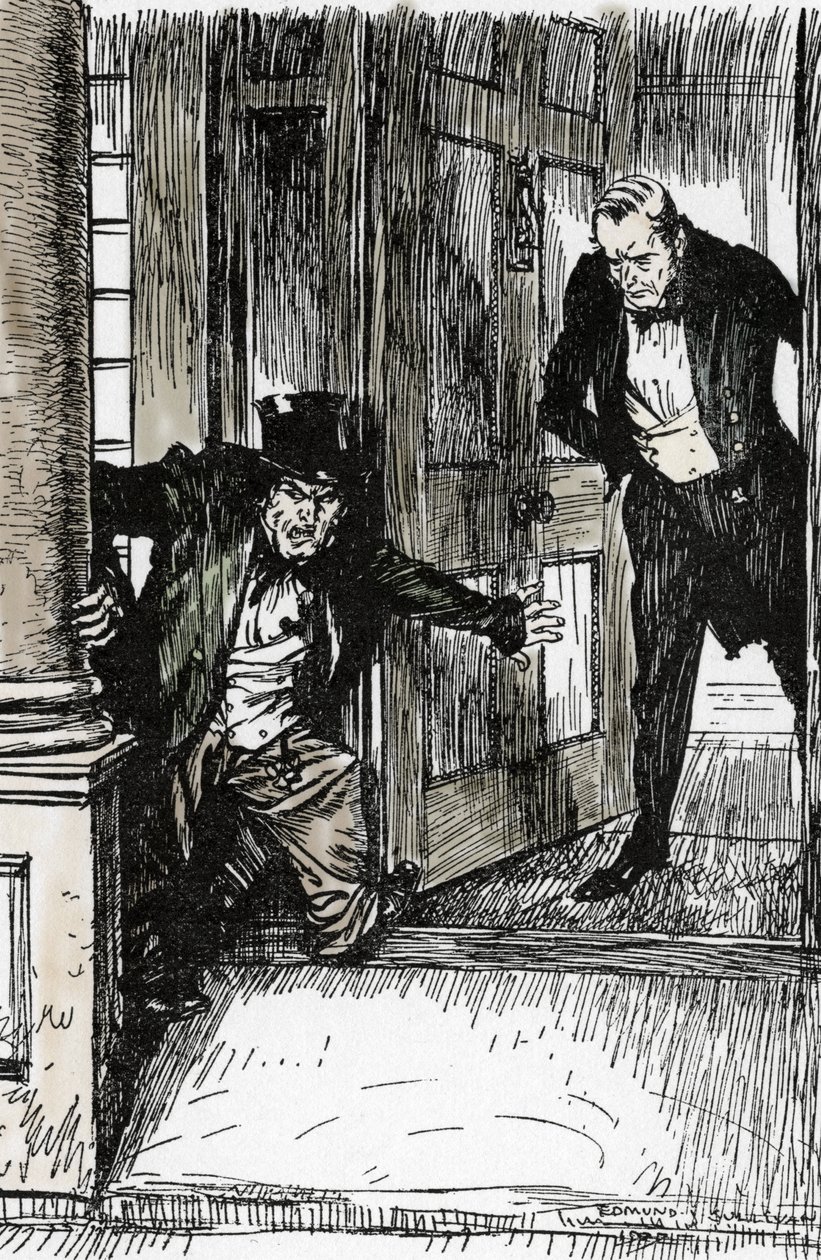 O Dr. Lanyon abre a sua porta e descobre o Sr. Hyde vetus de roupa demasiado grande, Ilustração de Edmund Joseph Sullivan (1869-1933) para o romance L