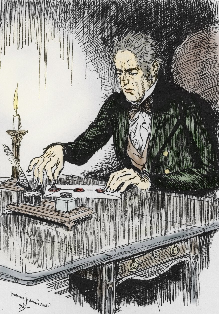 O Dr. jekyll encerra a carta onde confessa ser o Sr. Hyde o assassino, Ilustração de Edmund Joseph Sullivan (1869-1933) para o romance L