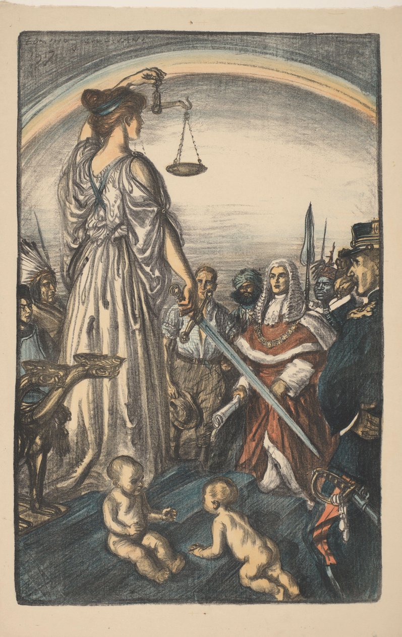 Personificação da justiça Reinado da Justiça (título original) Grande Guerra: Esforços e Ideais da Grã-Bretanha (título da série) A Grande Guerra: Esforços e Ideais da Grã-Bretanha (título original da série) de Edmund Joseph Sullivan