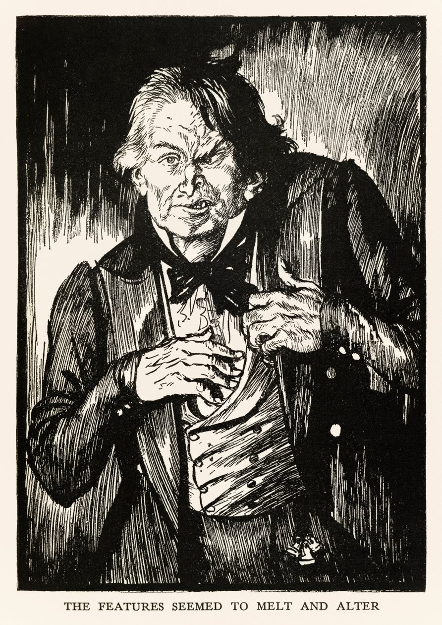 As características pareciam derreter e alterar" do "Strange Case of Dr. Jekyll and Mr Hyde" de Robert Louis Stevenson (1850-1894) ilustrado por E. J. Sullivan (1869-1933) de Edmund Joseph Sullivan