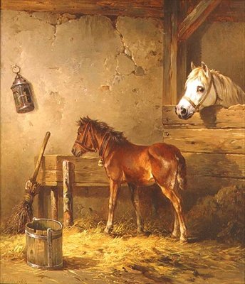 Égua e potro em estábulo (óleo sobre tela) de Edmund Mahlknecht
