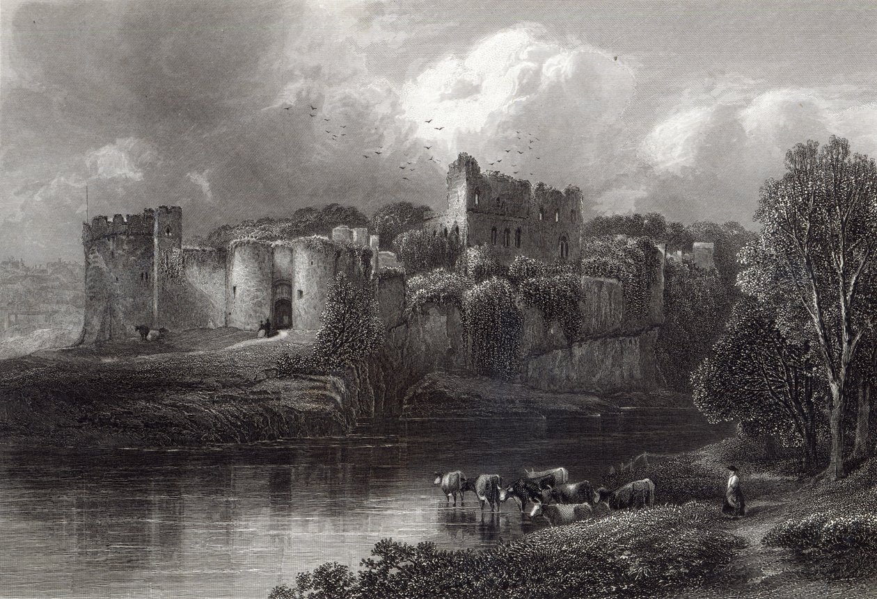 Castelo de Chepstow, gravado por R. Hinshelwood, impresso pela Cassell und Company Ltd de Edmund Morison Wimperis