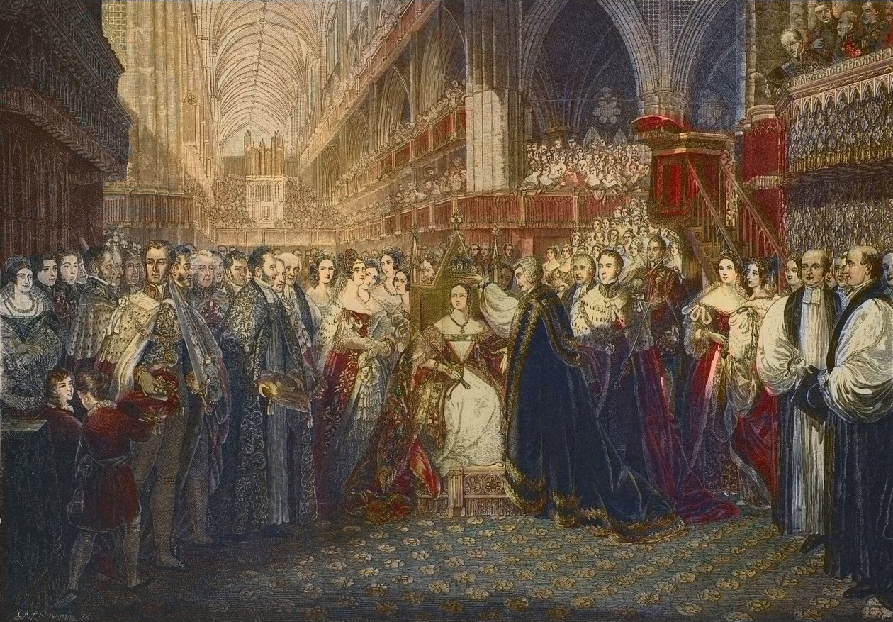Coroação da Rainha Vitória na Abadia de Westminster, Londres, em 28 de junho de 1838 - Coroação da Rainha Vitória, Rainha da Grã-Bretanha e Irlanda (1819-1901), na Abadia de Westminster de Edmund Thomas (after) Parris