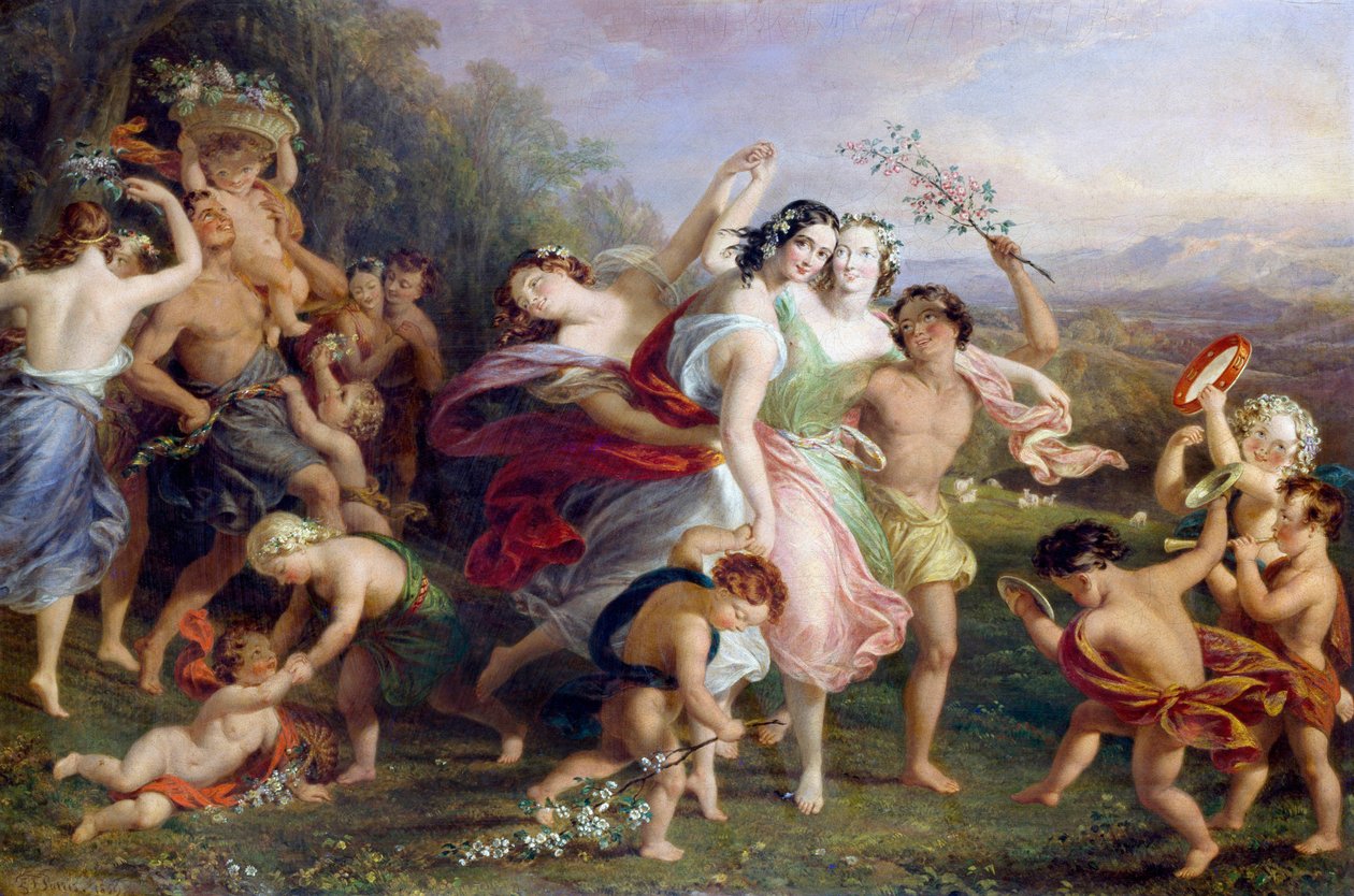 "Matinee de mai" Dança e roda de figuras do bosque, crianças envoltas em flores. Pintura de Edmund Thomas Parris (1793-1873) 1859 de Edmund Thomas Parris