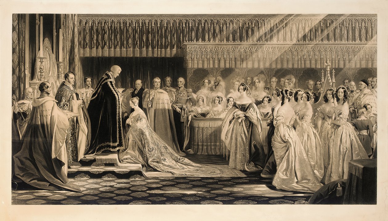 A coroação de Sua Majestade a Rainha Vitória, na Abadia de Westminster, em 28 de junho de 1838, gravada por Charles Edward Flagstaff de Edmund Thomas Parris