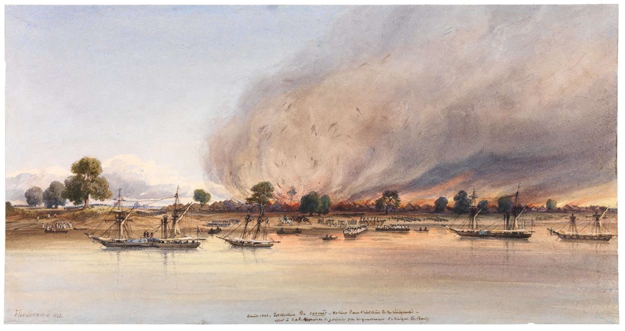 A destruição da cidade de Cascas no Senegal, 1843 de Edouard Auguste Nousveaux
