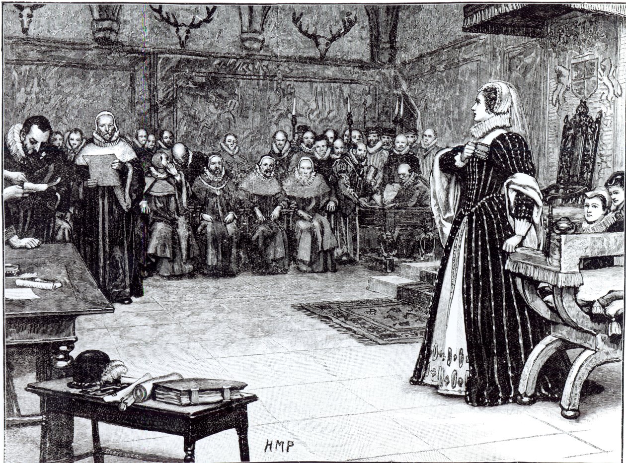 Julgamento de Maria Rainha dos Escoceses (1542-87) no Castelo Fotheringhay de Edouard Berveiller