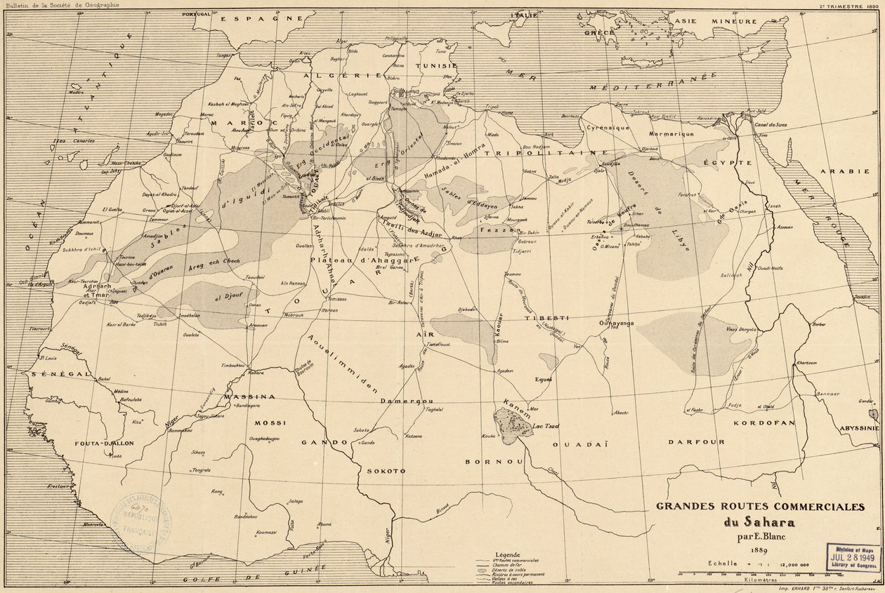 1889 mapa das rotas comerciais trans-saarianas pelo explorador francês Edouard Blanc de Edouard Blanc