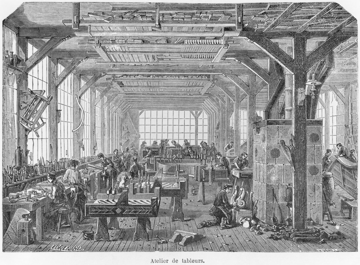 Oficina de fabricantes de pianos Pleyel durante o Segundo Império, ilustração de &39;Les Grandes Usines&39; por Julien Turgan, c.1880 de Edouard Renard