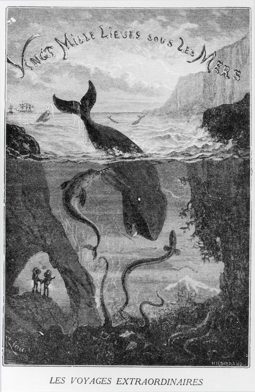 Ilustração de capa de &39;20, 000 Leagues Under the Sea &39;por Jules Verne (1828-1905) gravada por Henri Theophile Hildibrand (1824-97) de Edouard Riou