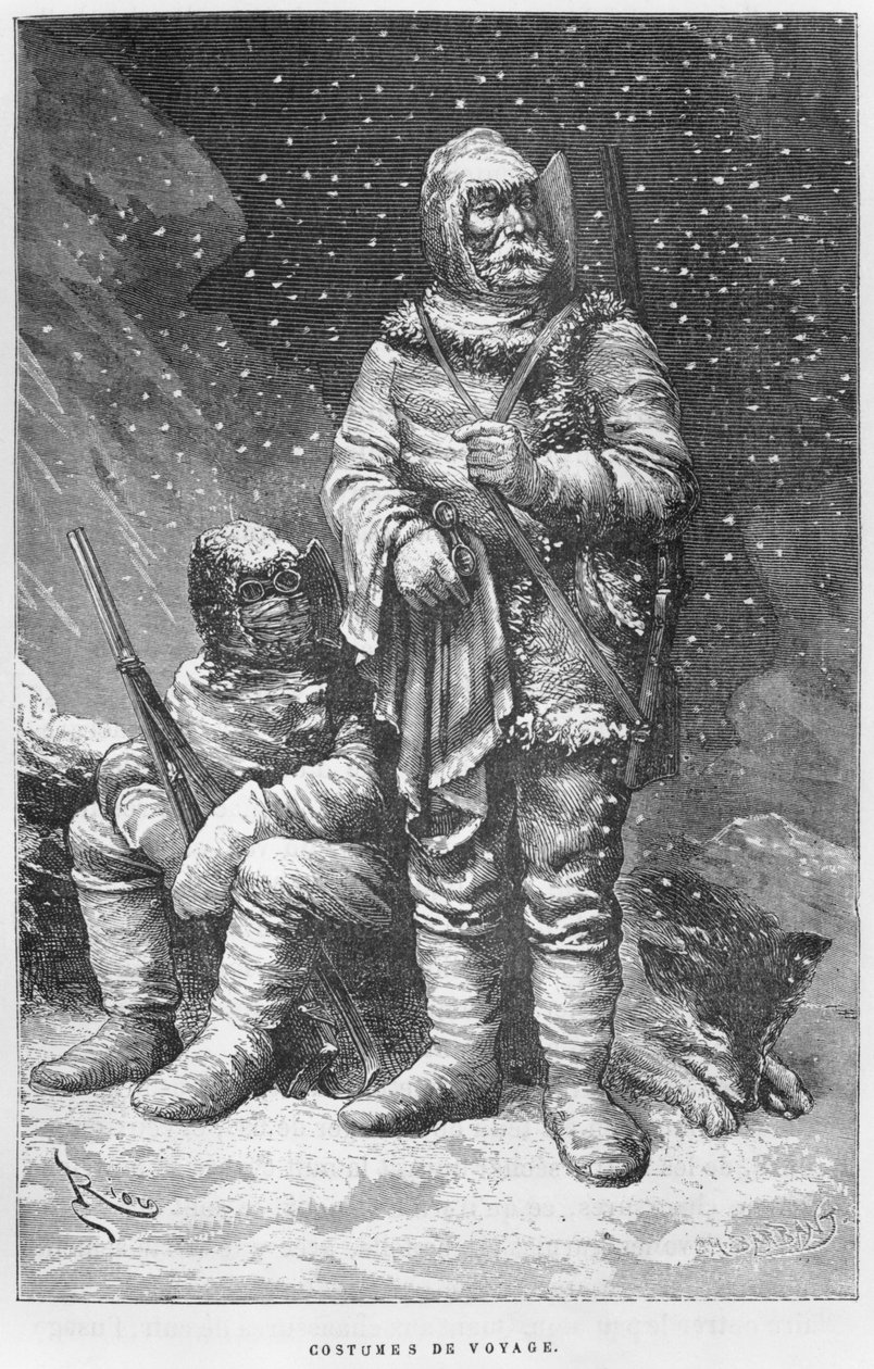 Trajes de exploração, ilustração de &39;Expedition du Tegetthoff&39; por Júlio Oração (1841-1915) gravado por Charles Barbant (d.1922) de Edouard Riou