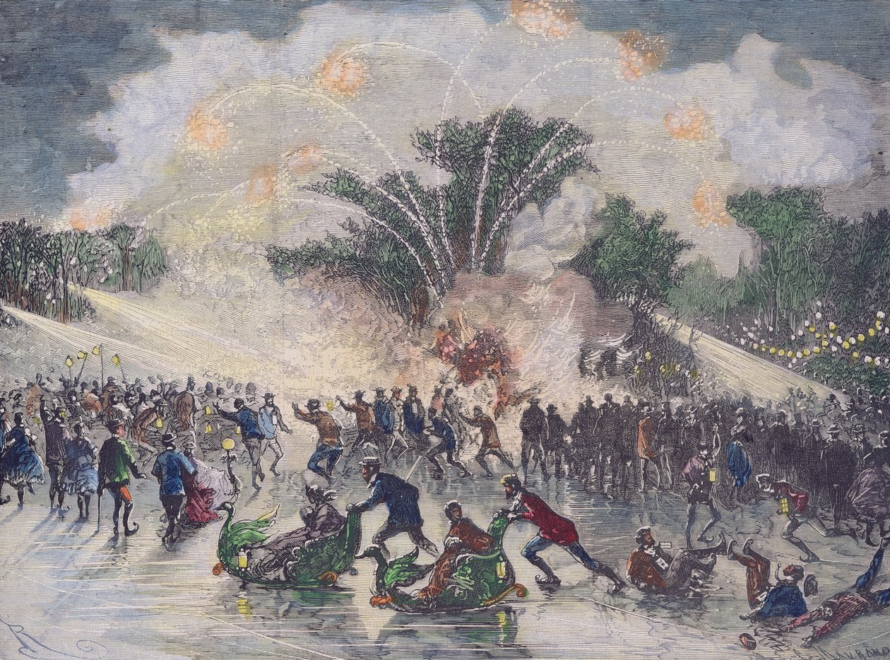 Festa de patinação no gelo no Bois de Boulogne, Paris, gravada por Charles Maurand de Edouard Riou