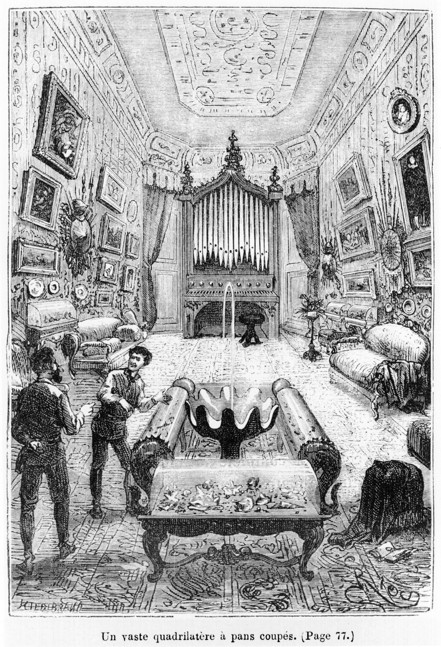Interior do Nautilus, ilustração de &39;20, 000 Leagues Under the Sea &39;por Jules Verne (1828-1905) gravado por Henri Theophile Hildibrand (1824-97) Paris, Hetzel, publicado em 1877 (bw ph de Edouard Riou