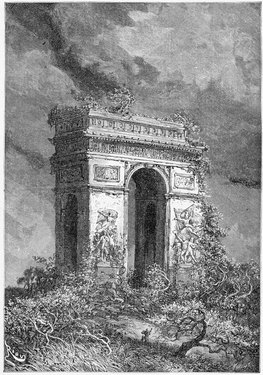 L&39;Arc de Triomphe como uma ruína, do século XIX (gravura bw) de Edouard Riou
