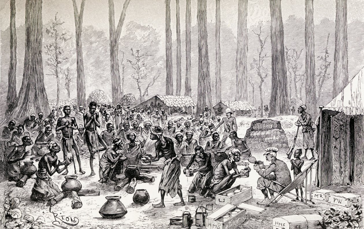 Escoteiros servindo leite e manteiga para o caldo de fome dos nativos pigmeus, 1890 (gravura em madeira) de Edouard Riou