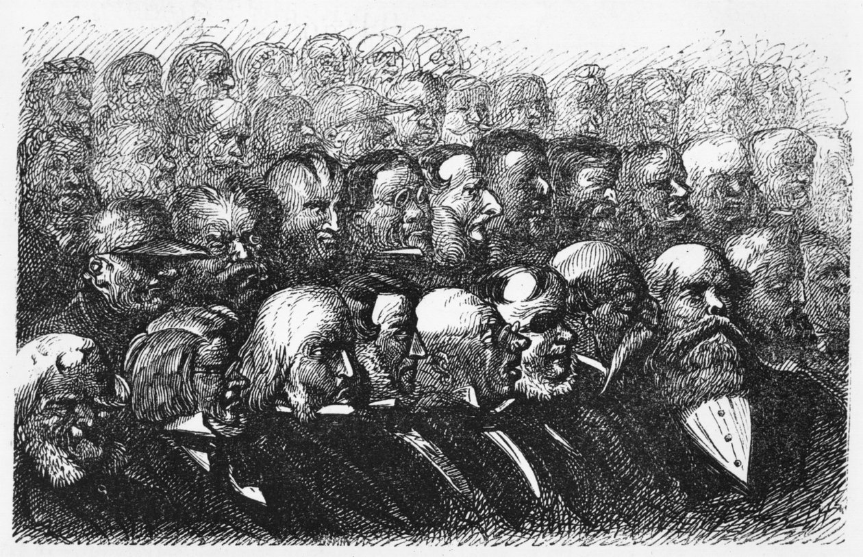 Os membros da London Royal Geographic Society, ilustração de "Cinco semanas em um balão" de Jules Verne (1828-1905) Paris, Hetzel de Edouard Riou