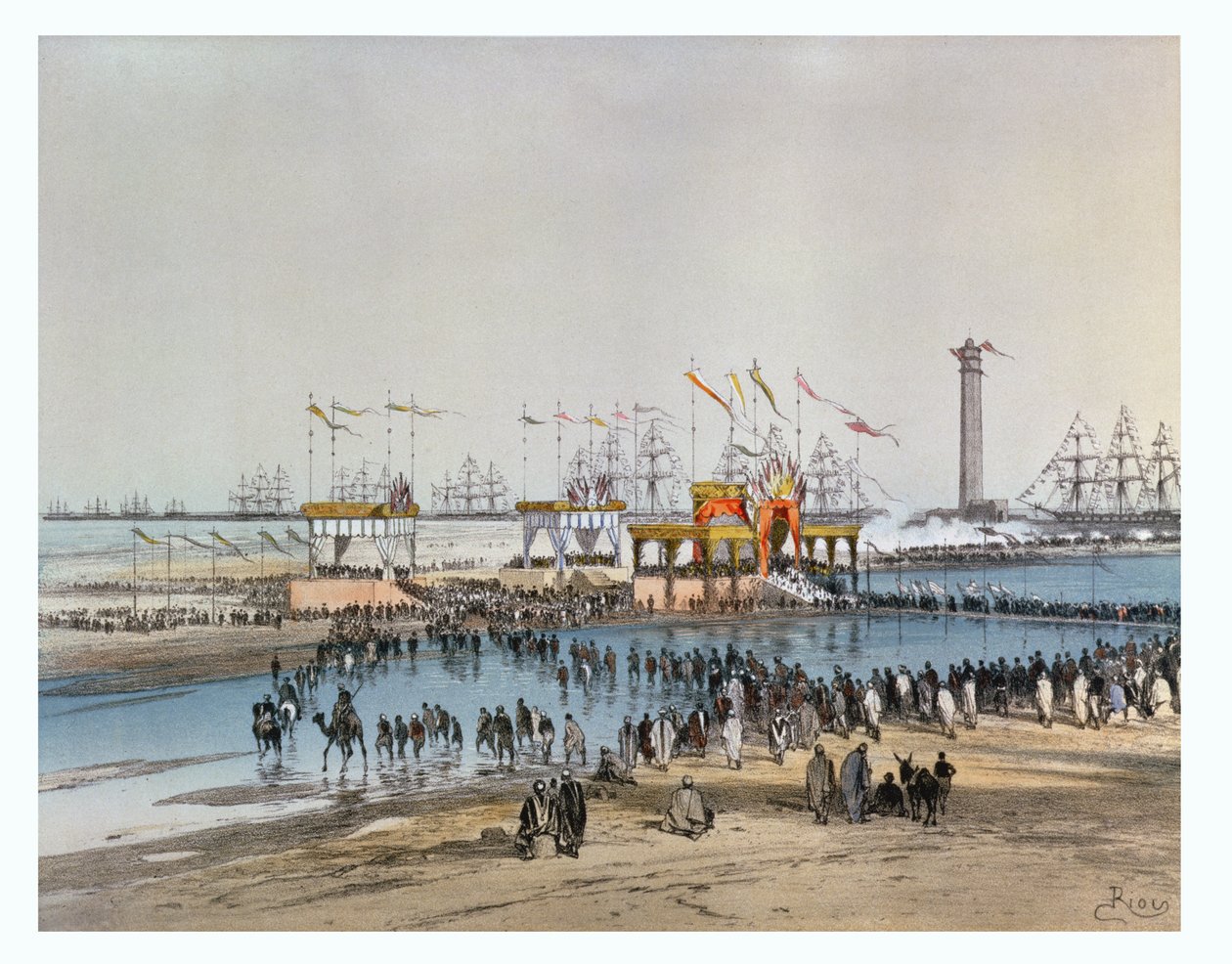 O &39;Te Deum&39; em Port Said, para a inauguração do Canal de Suez pela Imperatriz Eugenie em 1869, gravado por Jules Didier (1831-c.80) (ver original wc 82990) de Edouard Riou