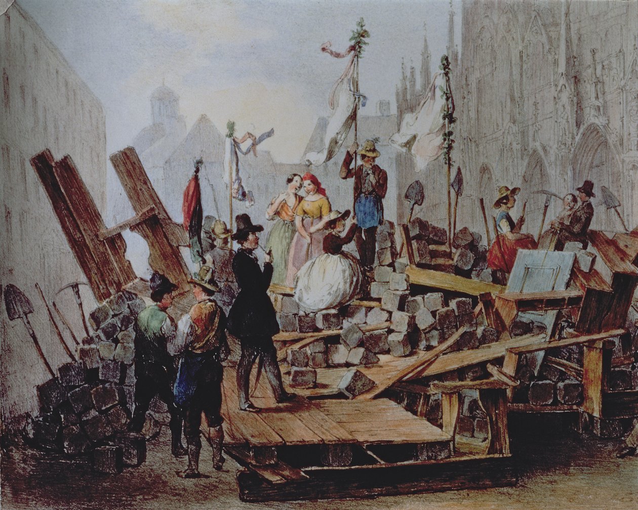 Barricadas na Stephansplatz, Viena, 1848 de Edouard Ritter