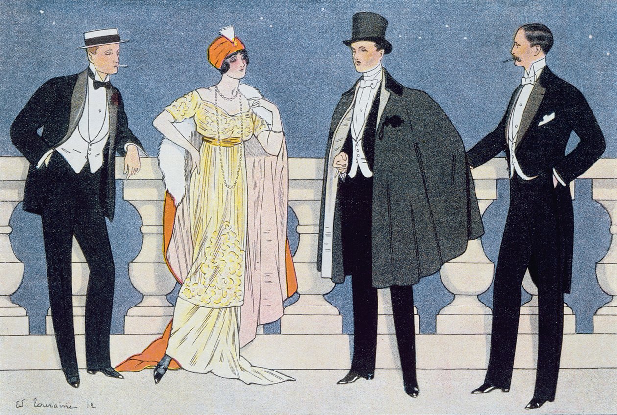 Elegante vestido de noite para homens e mulheres, ilustração de &39;L&39;Homme elegante&39; 1912 de Edouard Touraine