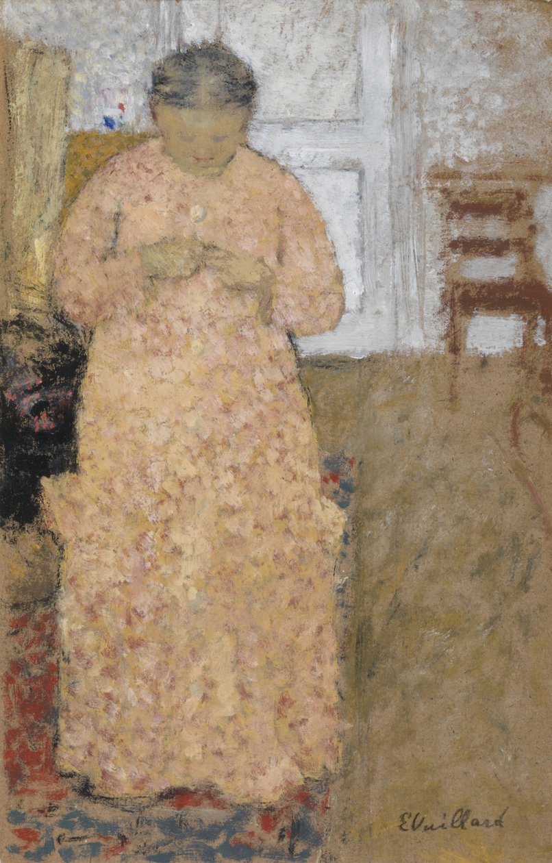 Mulher de tricô no vestido rosa de Edouard Vuillard