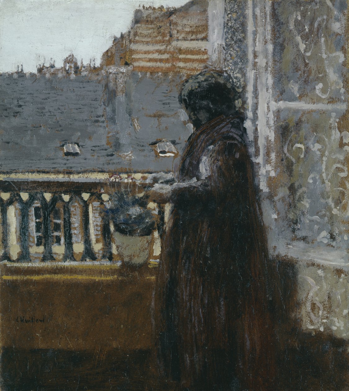Madame Vuillard na sua varanda, c.1899 (painel) de Edouard Vuillard