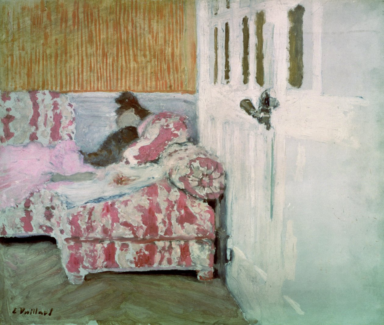 No sofá, ou no quarto branco, c.1890-93 (óleo no cartão) de Edouard Vuillard