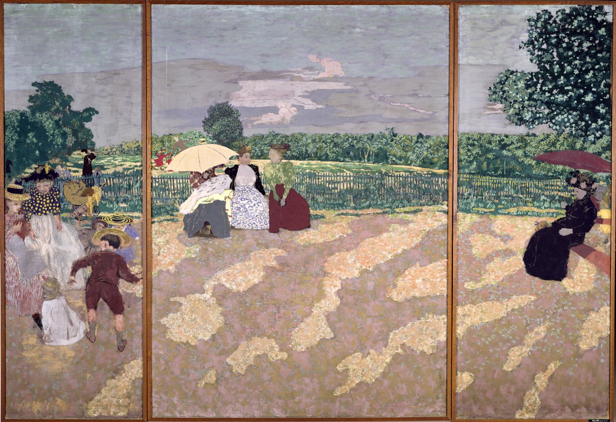 Os Jardins Públicos: As Enfermeiras, A Conversação e O Guarda-Chuva Vermelho, 1894 (cinomose na tela) de Edouard Vuillard