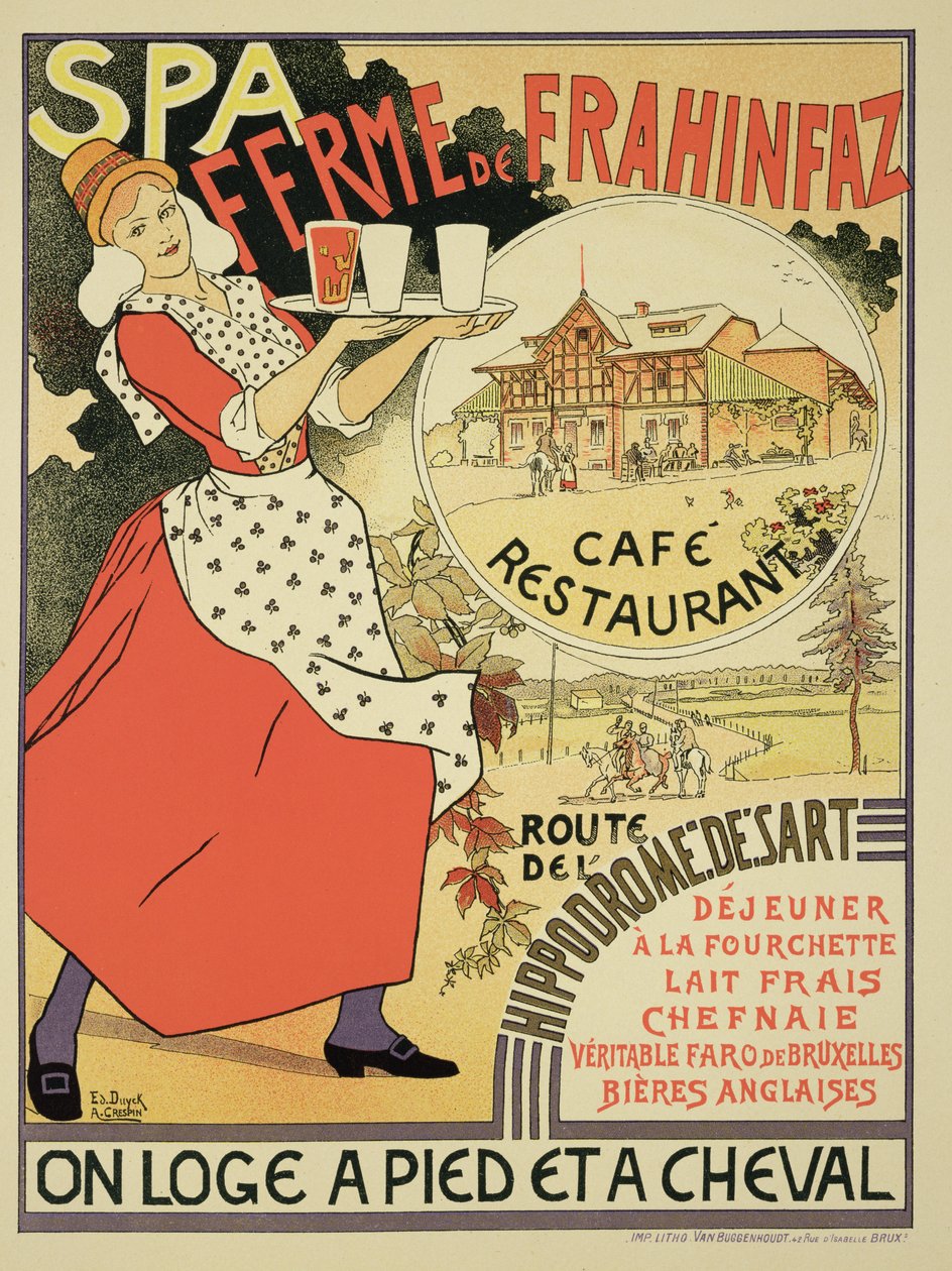 Cartaz publicitário do Ferme de Frahinfaz, um café e restaurante perto de Spa, Bélgica, 1896 de Adolphe Louis Charles Crespin