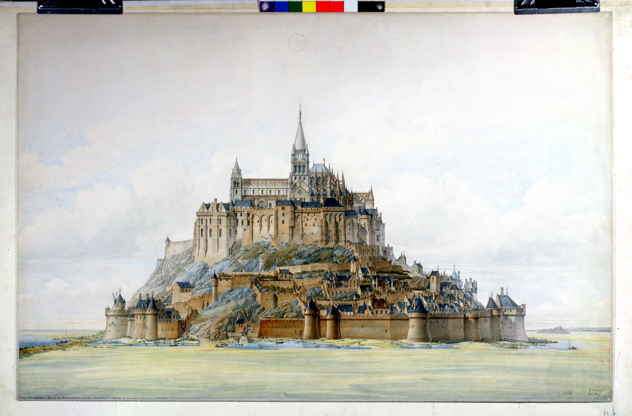 Projeto de restauração do Mont Saint-Michel (lado sul), março de 1875 (wc no papel) de Edouard Jules Corroyer