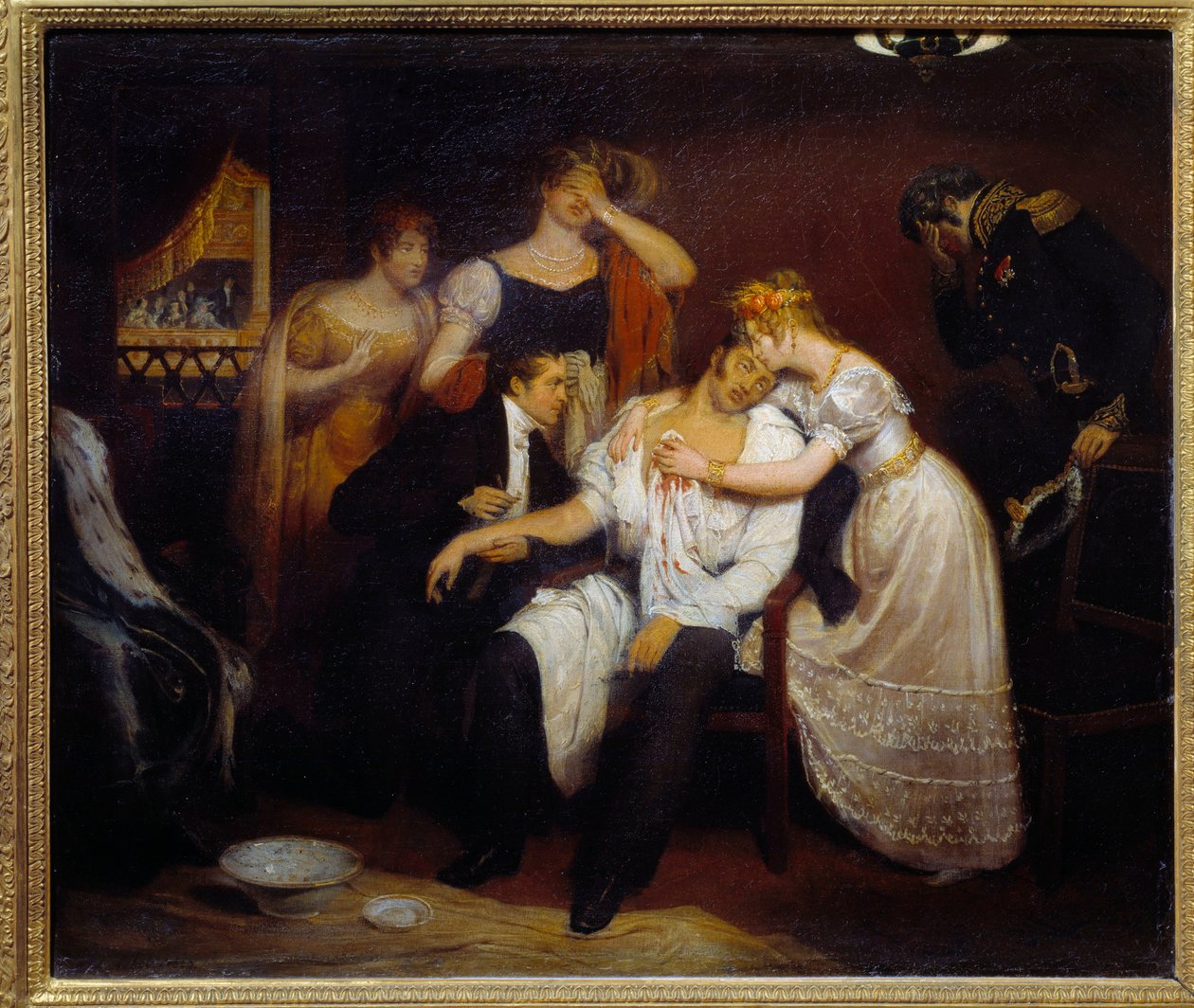 Morte do Duque de Berry (1778-1820) 13/02/1820 na Academia Real de Música O sobrinho do Rei Luís XVIII foi assassinado na Ópera por Louvel um republicano que queria extinguir a dinastia real. Pintura de François Cibot (1799-1877) 1829 Sol. 0,4 de Edouard  Cibot