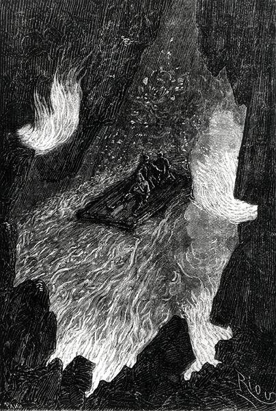 A jangada ondulada sobre ondas de lava, ilustração de 