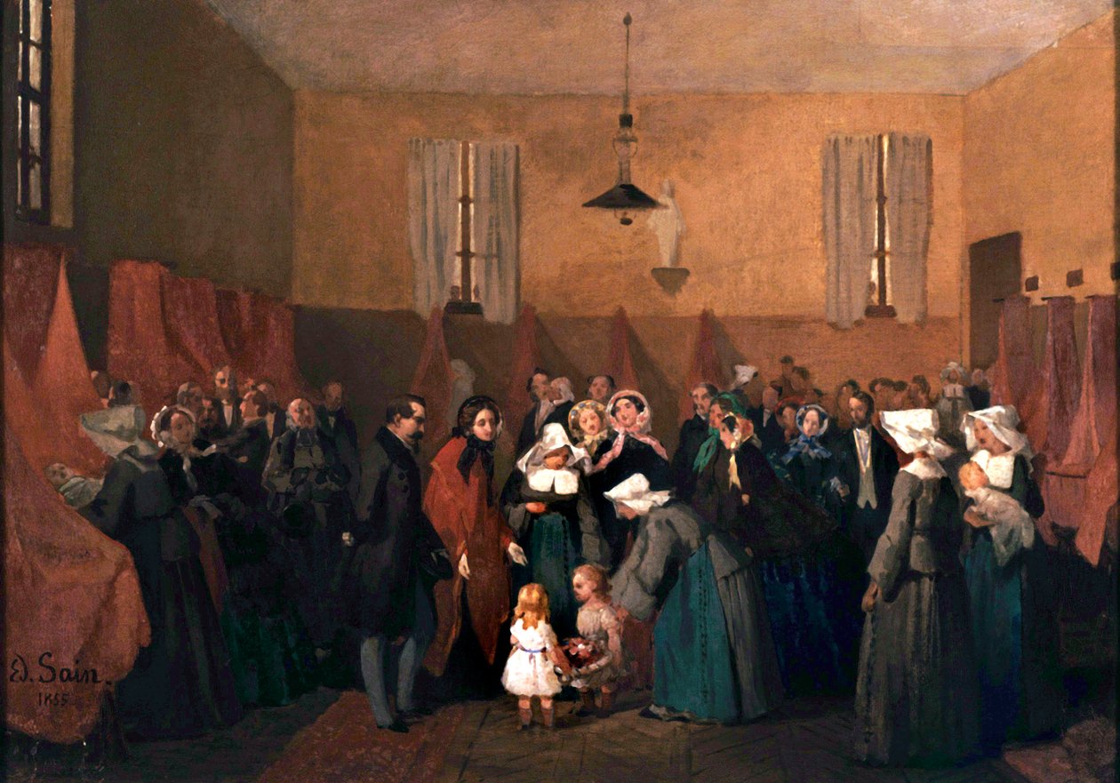 A visita de Napoleão III e Eugenia à creche da Irmã Rosalie de Edouard Alexandre Sain