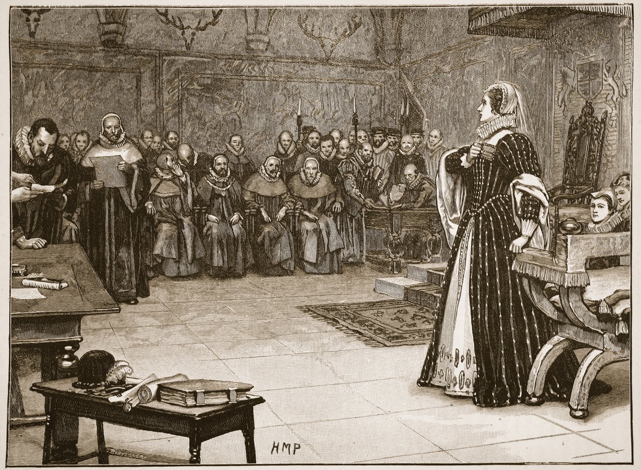 Julgamento de Maria Rainha dos Escoceses no Castelo Fotheringhay, ilustração de &39;História Ilustrada de Cassell da Inglaterra&39; (foto sépia) de Edouard Berveiller