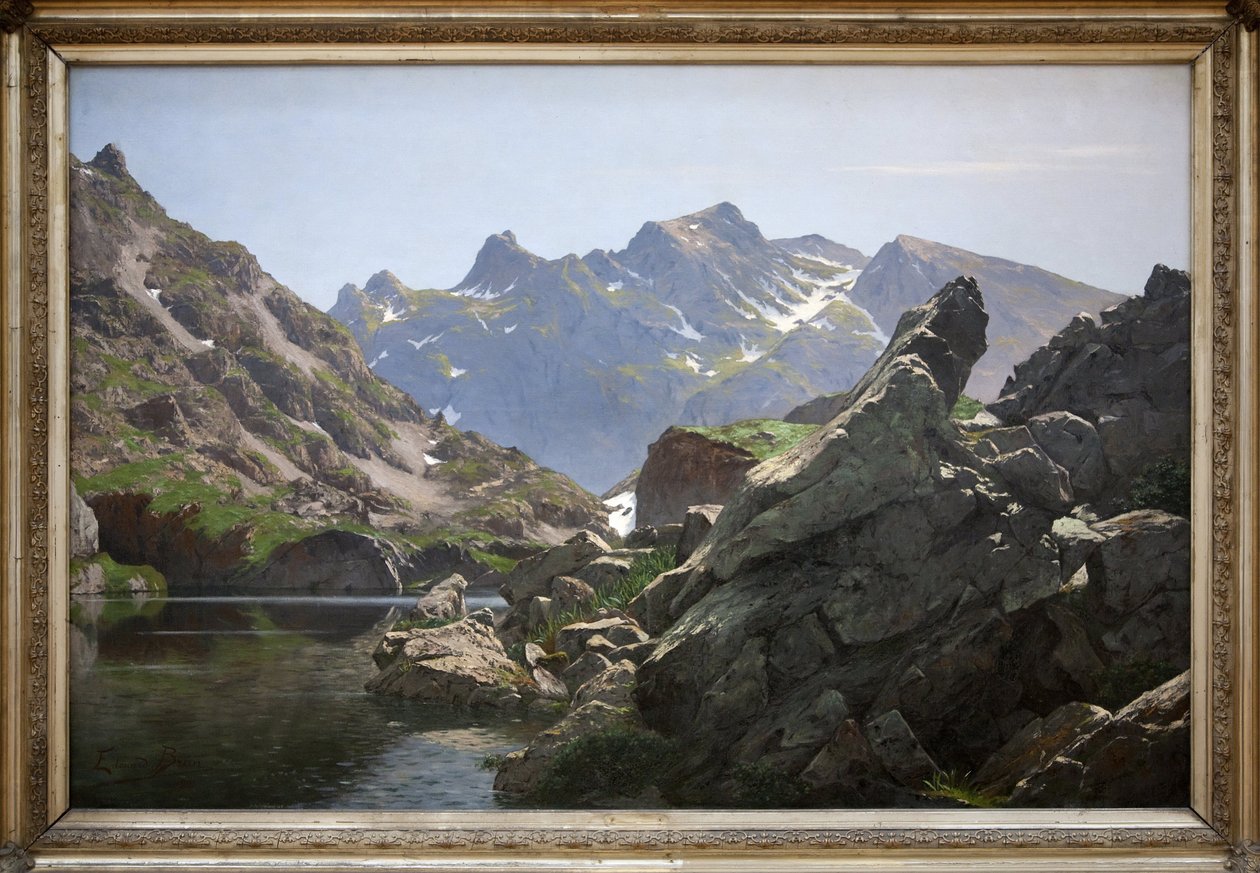 O merlat do lago, pintura a óleo de Edouard Brun (1860-1935) feita em 1901, o lago está localizado na cadeia de Belledonne, no Isere. Photophraphie, KIM Youngtae, Grenoble, Musee de Grenoble. de Edouard Brun