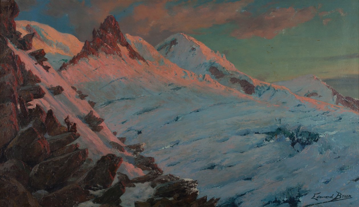 Dois alpinistas a chegar a Les Grands Mulets (maciço do Mont-Blanc) (óleo sobre cartão) de Edouard Brun