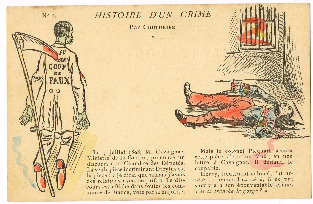 Cartão Postal, Satirical in Colors: Caso Dreyfus - Henry Colonel Ilustração por Couturier (1869-1935) de Edouard Couturier