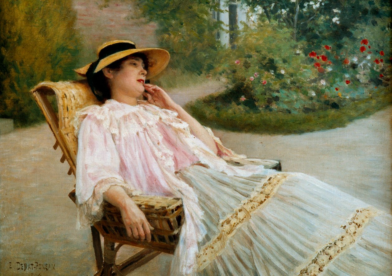 A sesta Madame Edouard Debat Ponson no terraço. Pintura de Edouard Debat Ponsan (1847-1913) de Edouard Debat Ponsan
