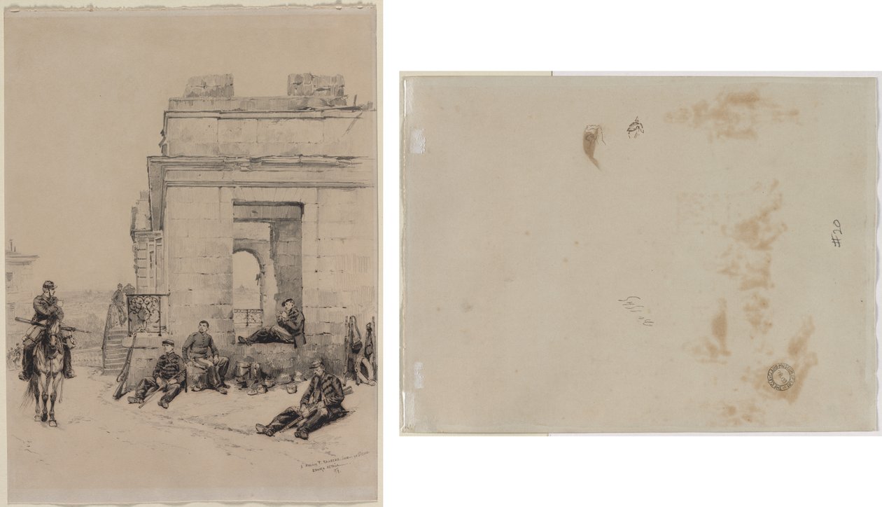 Soldados Descansando (reto) Esboço de um Homem com Braço Erguido e Esboço de um Capacete (verso) de Edouard Detaille