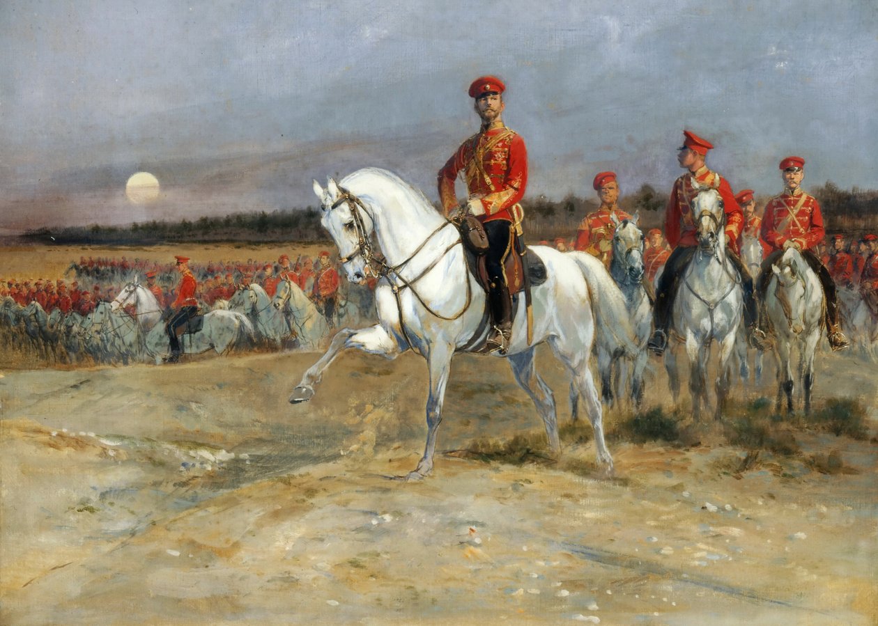 Tsarevich Nicholas Revendo as tropas de Jean Baptiste Edouard Detaille
