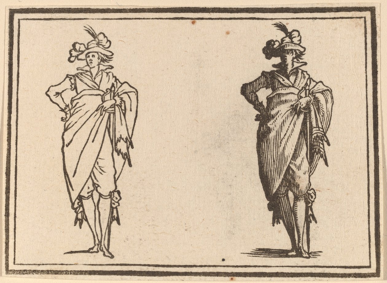 Cavalheiro visto de frente com a mão nos quadris de Edouard Eckman after Jacques Callot