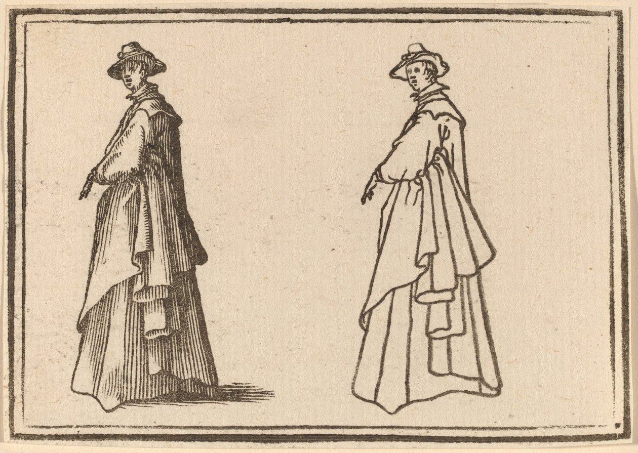 Mulher em pé com um grande casaco de Edouard Eckman after Jacques Callot