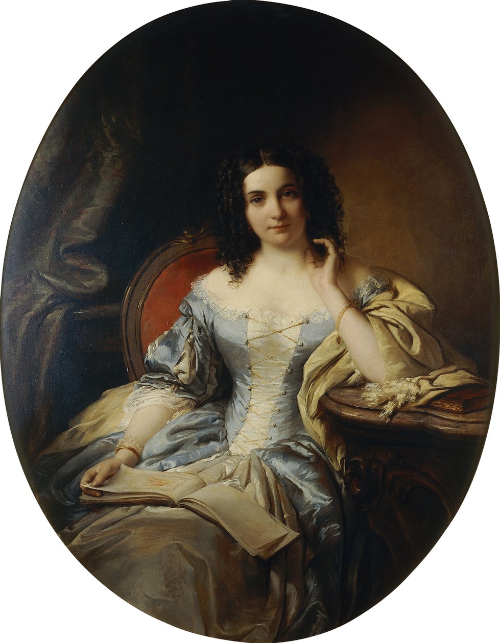 Retrato de uma senhora sentada em um vestido azul e branco; Retrato de uma senhora sentada em um vestido azul e branco, 1853 de Edouard Ender