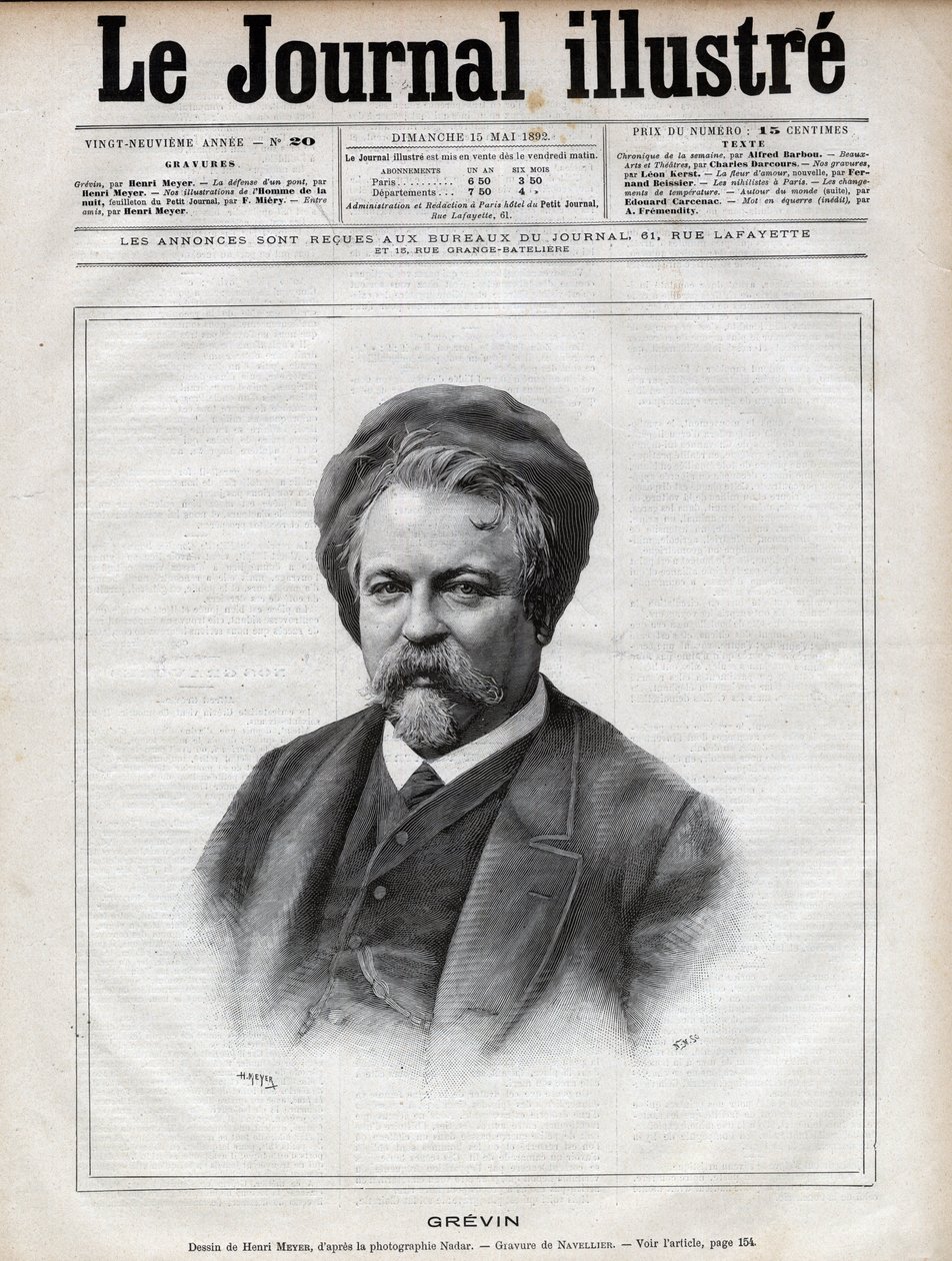 Alfred Grevin (1827-1892) escultor, cartunista, cartunista, caricaturista e designer de figurinos de teatro francês - Gravura de Navellier depois da foto de Nadar no "The Illustrous Journal" de 1892 de Edouard Felicien Eugene Navellier
