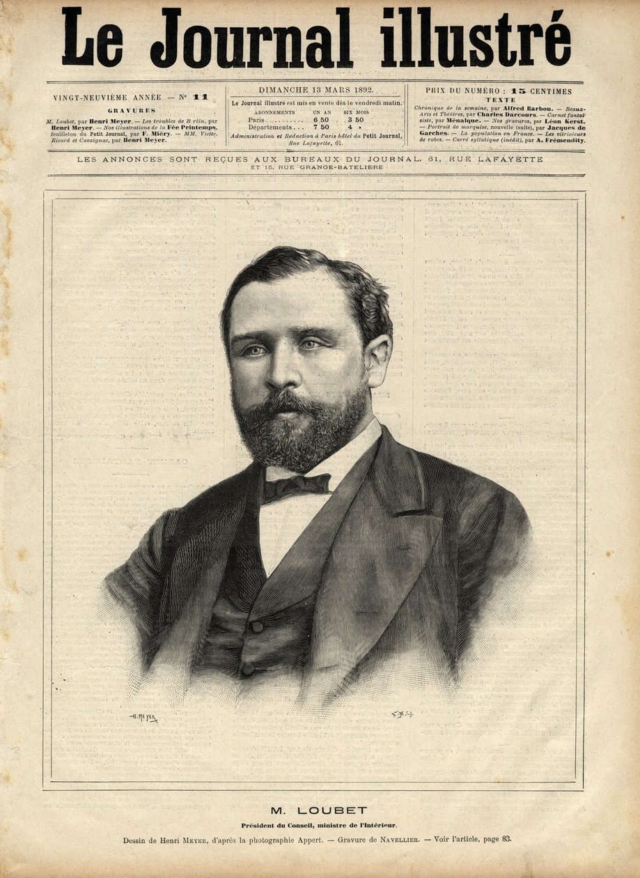Emile Loubet (1836-1929) em 1892 (presidente do conselho - ministro do interior) Gravura de Navellier no "The Illustrous Journal" de 1892 de Edouard Felicien Eugene Navellier